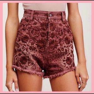 Free People Maroon Embroidered Denim Shorts